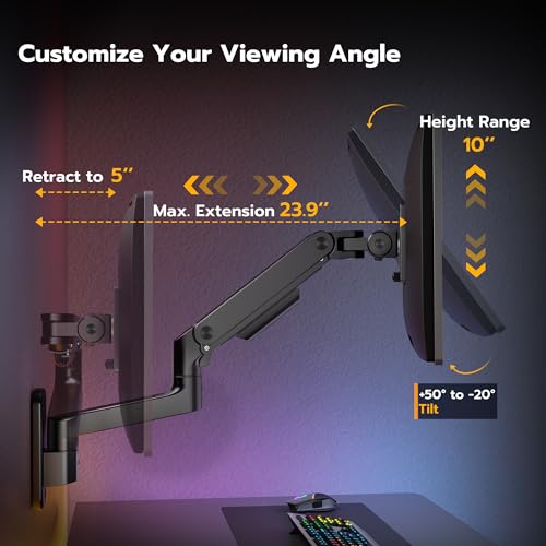 ARES Wing Wall Mount Monitor Arm for 17-49 Inch Ultrawide Screens, Heavy Duty Monitor Mount Holds 44 lbs, Fully Adjustable Gas Spring Wall Mount, 75x75/100x100 VESA Mount