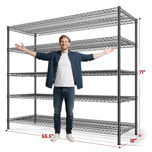 REIBII Storage Shelves 3200LBS Wire Shelving Unit 55.5" W Metal Shelving Garage Shelving Heavy Duty 5 Tier Metal Shelves for Storage Rack