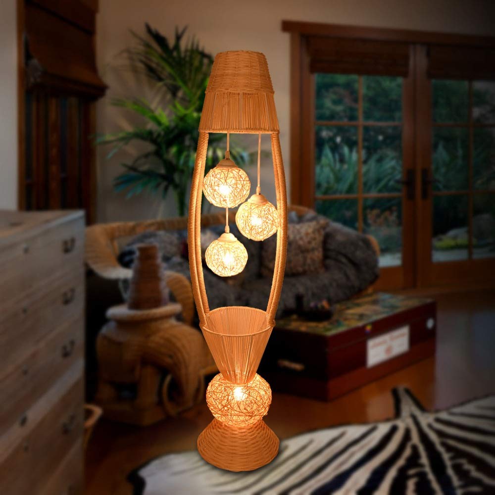 LSSOAZZVVN Modern Simple Southeast Asia Rattan Floor Lamp Living Room Bedroom Study Creative Warm Romantic Wood Japanese Floor Light