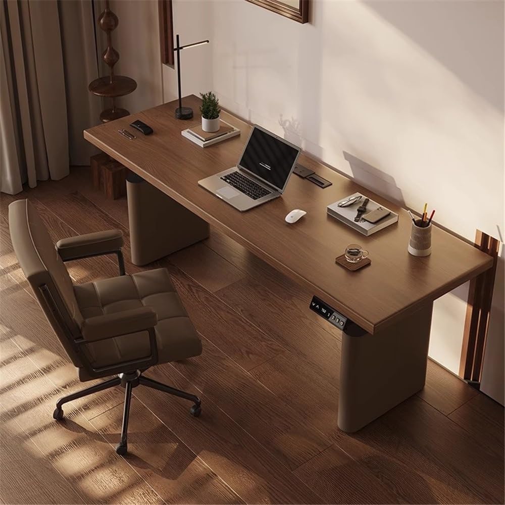 Electric Standing Desk with Adjustable Height and Charging Outlets, Walnut Top, Ideal for Home Office and Laptop Use