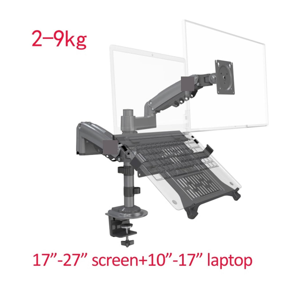 22-32" LCD TV Monitor Desktop Stand + 10-17" Laptop Stand with Gas Spring, Full Motion, 2-12kg, Dual-Arm Clamp