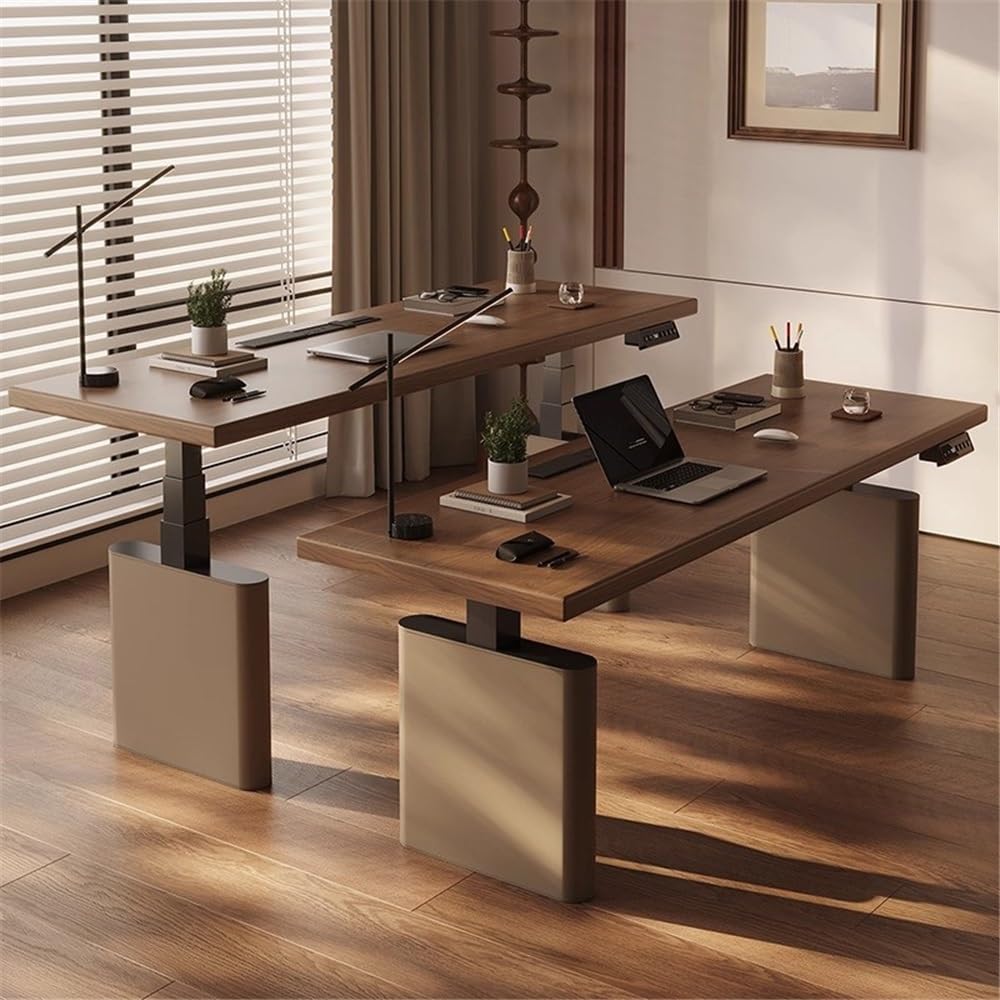 Electric Standing Desk with Adjustable Height and Charging Outlets, Walnut Top, Ideal for Home Office and Laptop Use