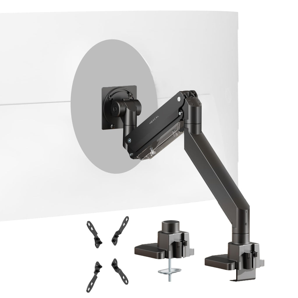 Hexcal Heavy Duty Monitor Arm for 57" Ultrawide Screens, Support up to 59.4 lbs, Full Motion Desk Mount with Quick Release VESA (75/100/200mm), C-Clamp & Grommet Base, Space-Saving Design