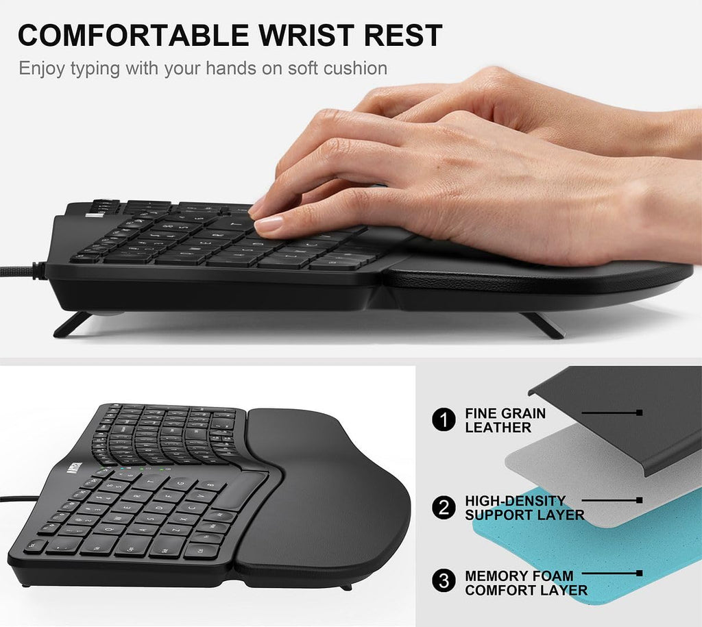 Arteck Split Ergonomic Keyboard with Palm Rest, USB Wired Backlit Keyboard