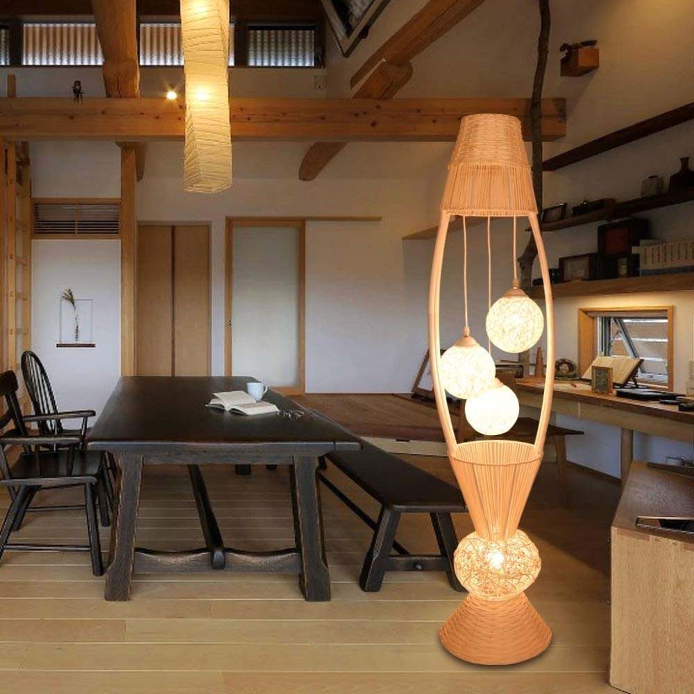 LSSOAZZVVN Modern Simple Southeast Asia Rattan Floor Lamp Living Room Bedroom Study Creative Warm Romantic Wood Japanese Floor Light