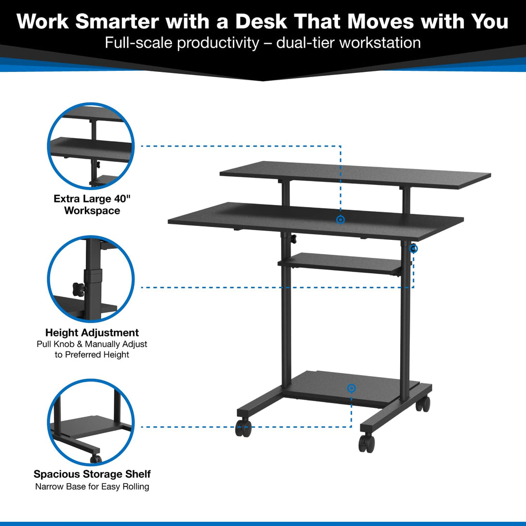 Mount-It! Wide Mobile Stand Up Desk | Height Adjustable Rolling Workstation with 40" Wide Table Tops | Multi-Purpose Rolling Presentation Cart with Four Platforms