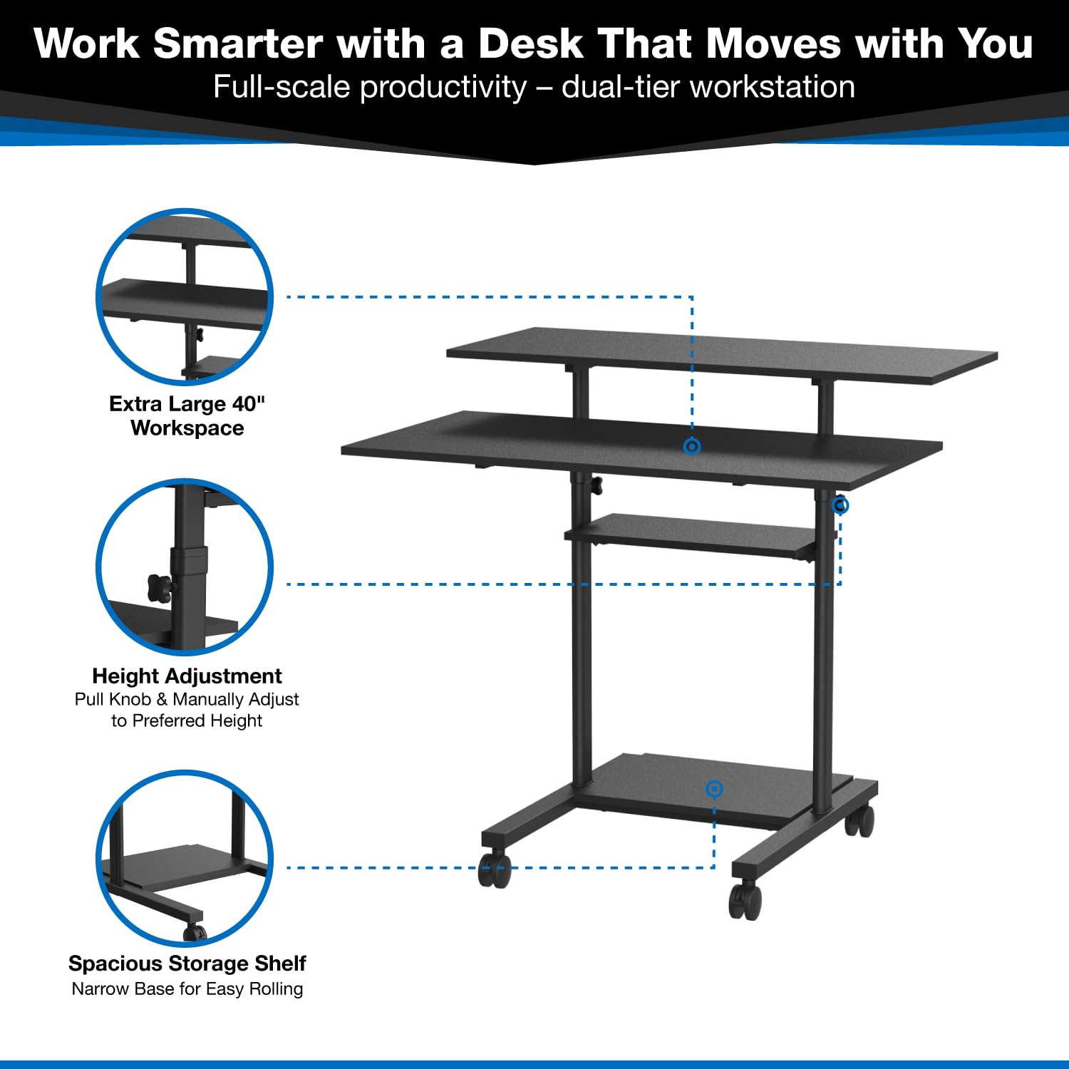 Mount-It! Wide Mobile Stand Up Desk | Height Adjustable Rolling Workstation with 40" Wide Table Tops | Multi-Purpose Rolling Presentation Cart with Four Platforms