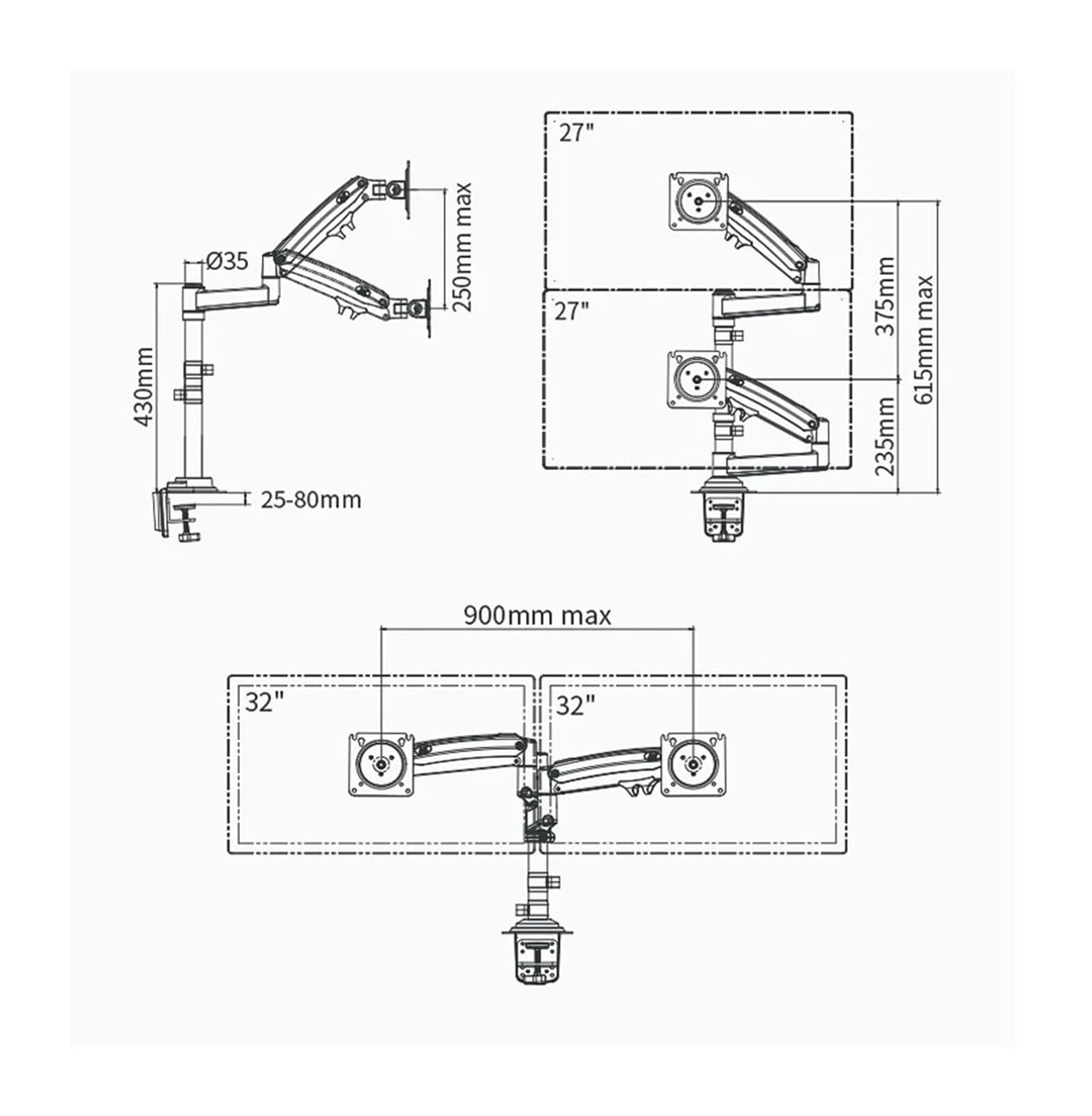 22-32" LCD TV Monitor Desktop Stand + 10-17" Laptop Stand with Gas Spring, Full Motion, 2-12kg, Dual-Arm Clamp