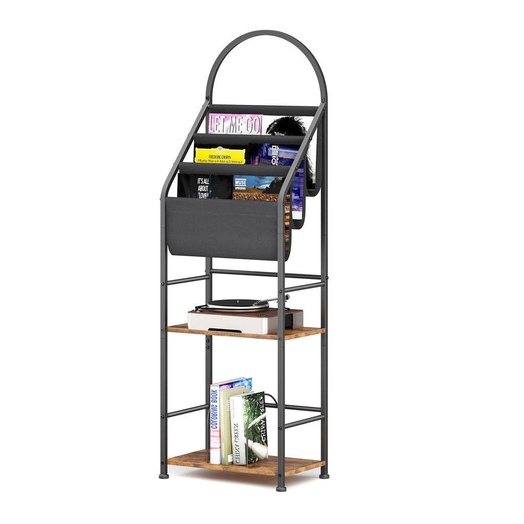 Leadpro Bookshelf with 3 Tier Vinyl Holder Display Shelf, Record Storage Organizer Rack Cabinet for Book Magazine, Tall Industrial Open Book Shelves with Metal Frame for Living Room