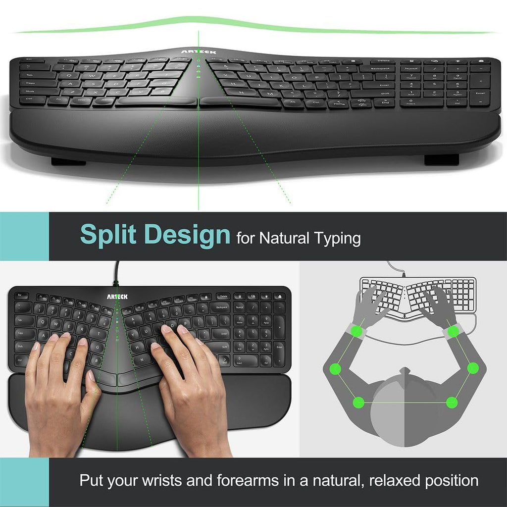 Arteck Split Ergonomic Keyboard with Palm Rest, USB Wired Backlit Keyboard