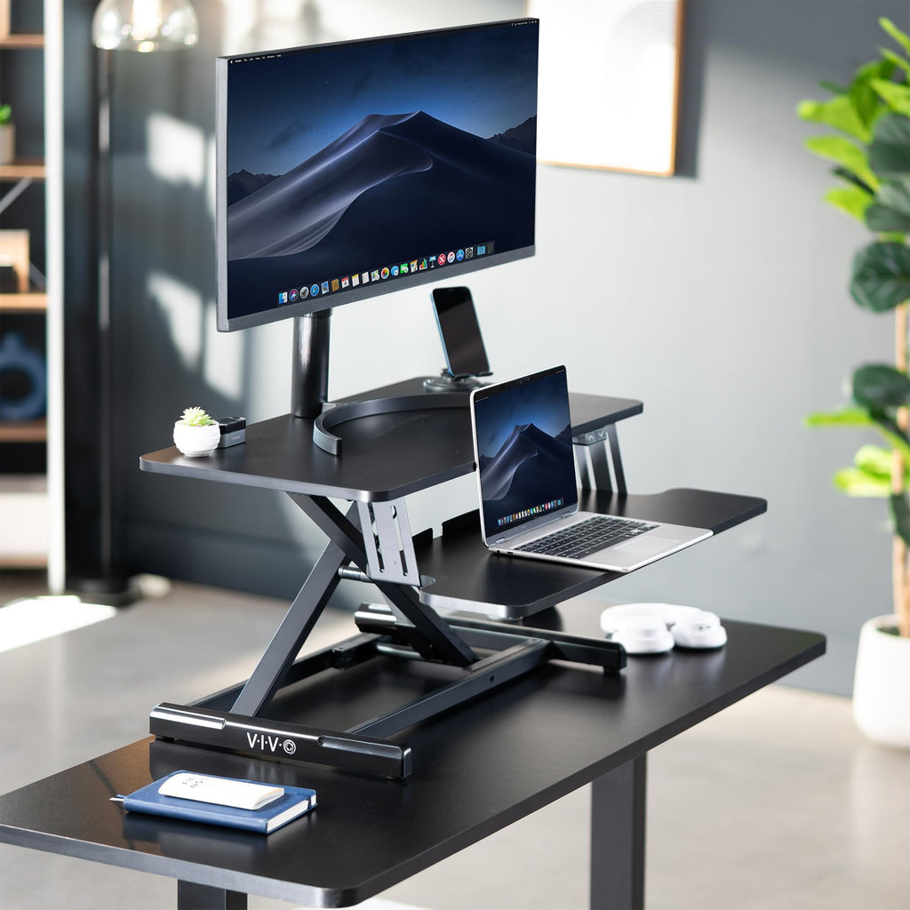 VIVO Electric Motor Desk Converter, Height Adjustable Riser, Sit to Stand Dual Monitor and Laptop Workstation with Wide Keyboard Tray