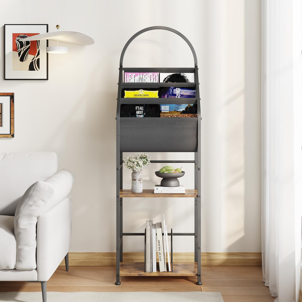 Leadpro Bookshelf with 3 Tier Vinyl Holder Display Shelf, Record Storage Organizer Rack Cabinet for Book Magazine, Tall Industrial Open Book Shelves with Metal Frame for Living Room