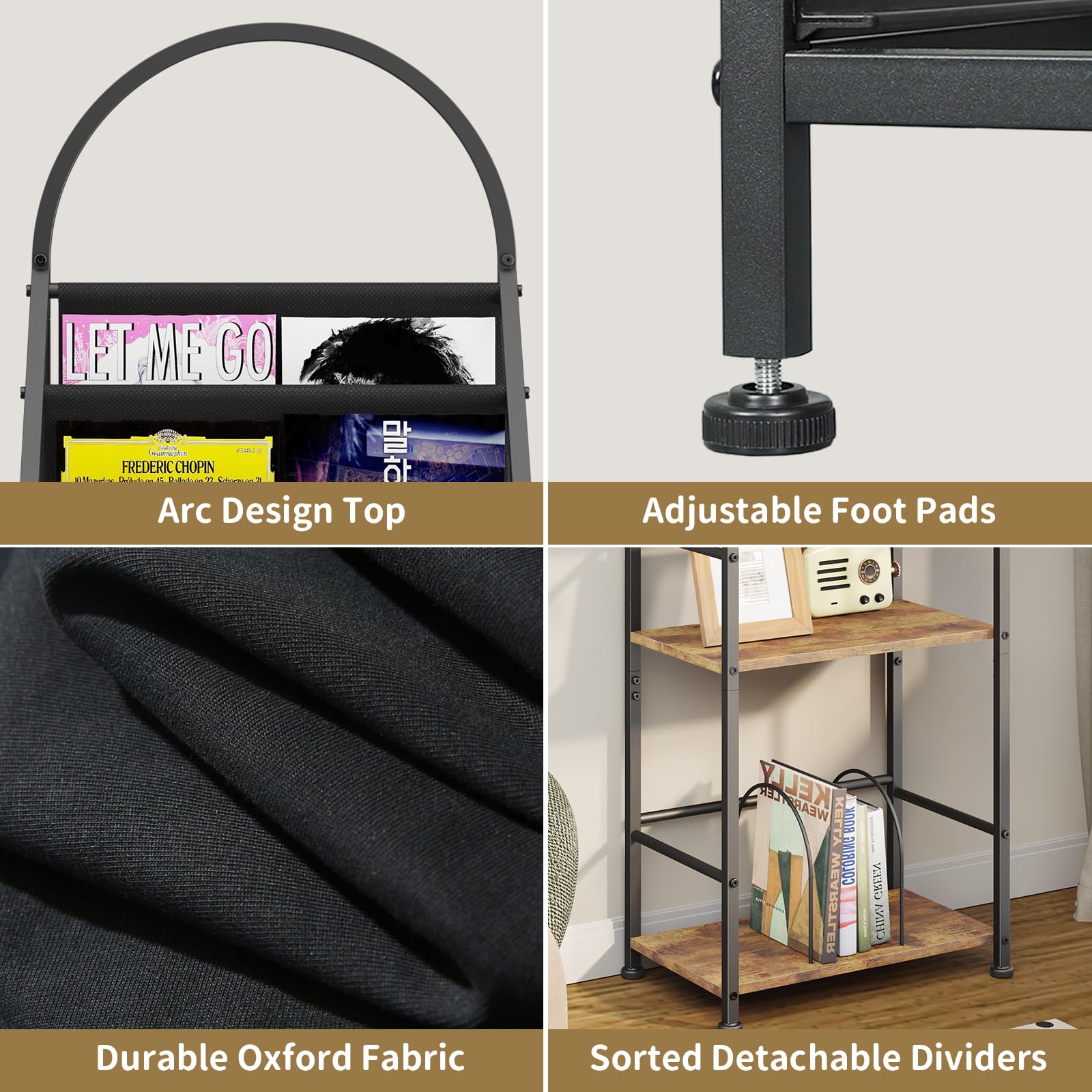 Leadpro Bookshelf with 3 Tier Vinyl Holder Display Shelf, Record Storage Organizer Rack Cabinet for Book Magazine, Tall Industrial Open Book Shelves with Metal Frame for Living Room
