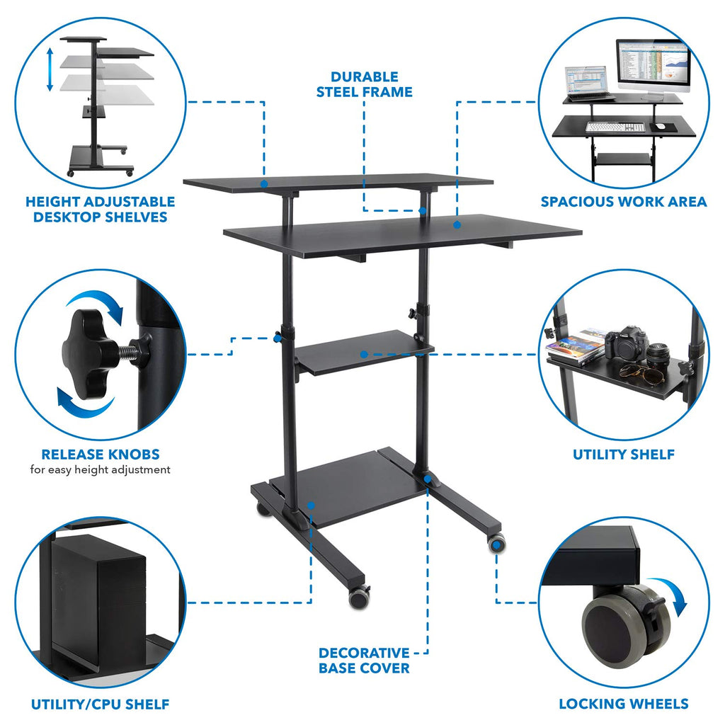 Mount-It! Wide Mobile Stand Up Desk | Height Adjustable Rolling Workstation with 40" Wide Table Tops | Multi-Purpose Rolling Presentation Cart with Four Platforms