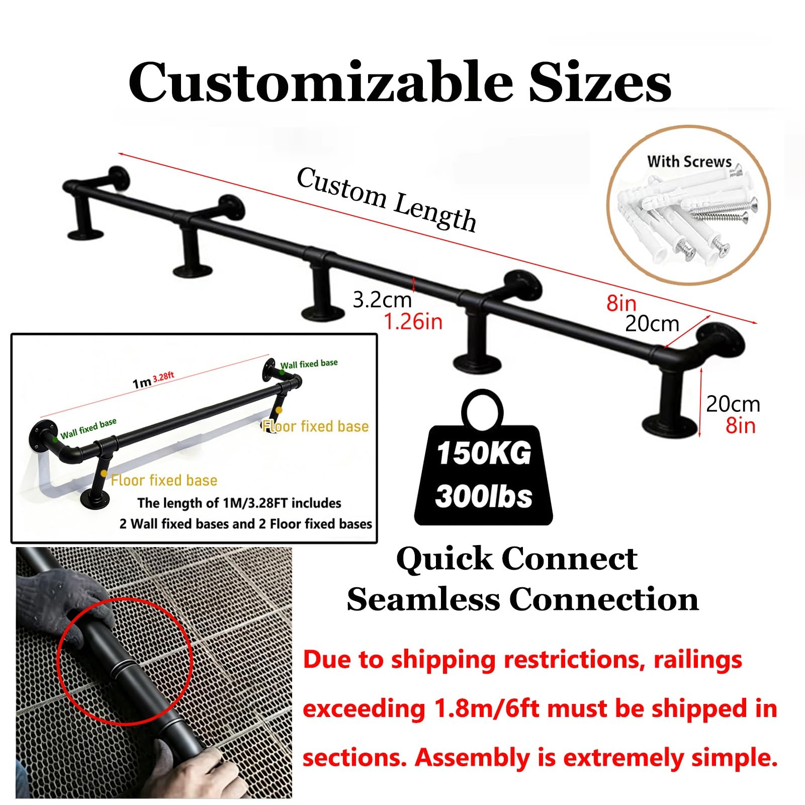 Commercial Grade Bar Foot Rail, Black Pipe Foot Rest for Cafe Pub Home Bar