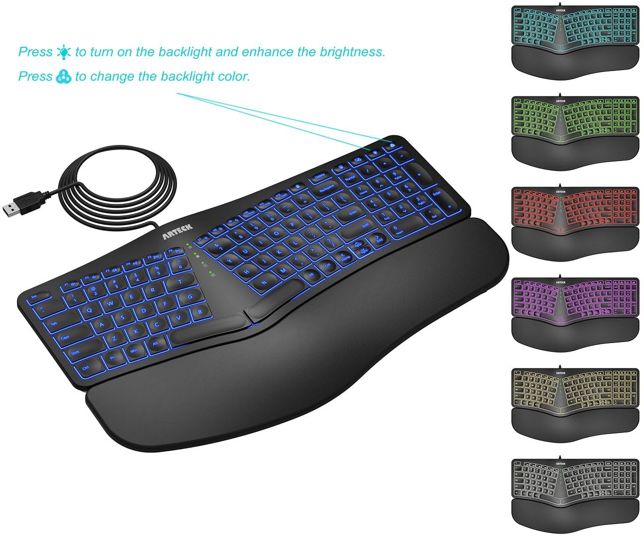 Arteck Split Ergonomic Keyboard with Palm Rest, USB Wired Backlit Keyboard