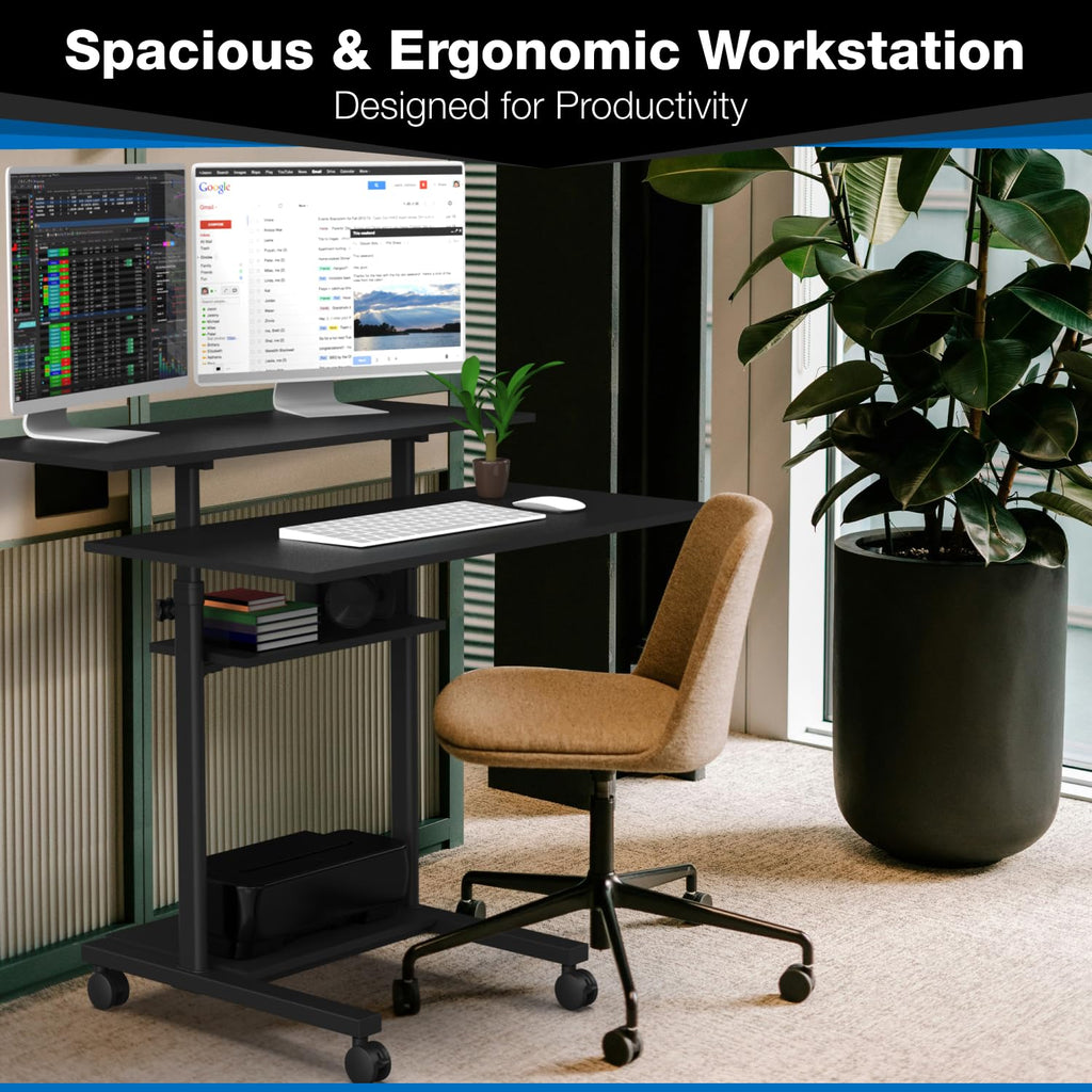 Mount-It! Wide Mobile Stand Up Desk | Height Adjustable Rolling Workstation with 40" Wide Table Tops | Multi-Purpose Rolling Presentation Cart with Four Platforms