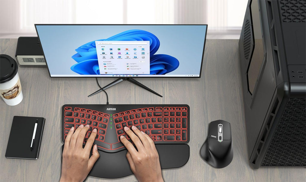 Arteck Split Ergonomic Keyboard with Palm Rest, USB Wired Backlit Keyboard