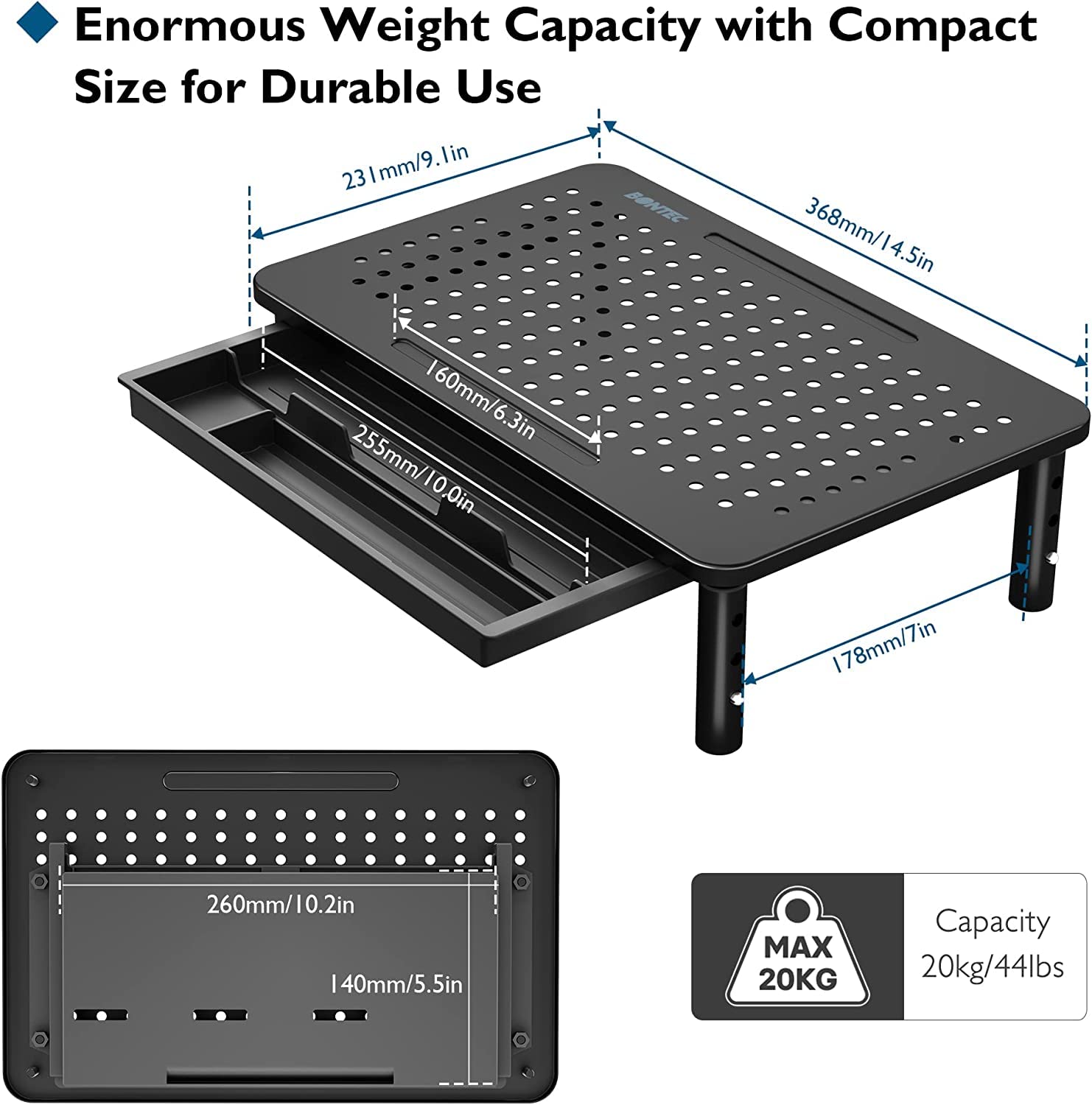 BONTEC 4 Pack Adjustable Monitor Stand Riser with Drawer, Supports 44lbs