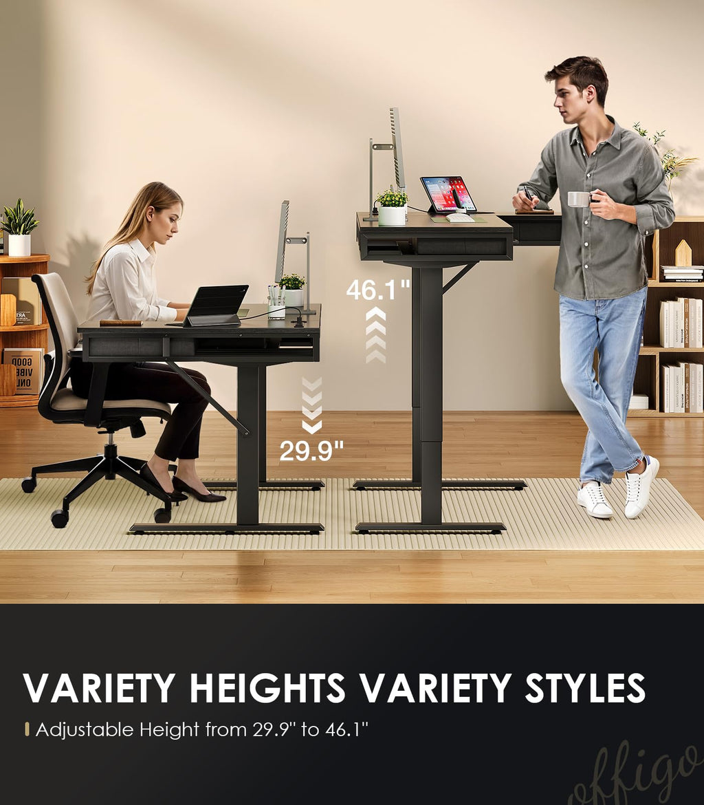 OffiGo Electric L Shaped Standing Desk with 4 Drawers, Height Adjustable Large Desk with Power Outlets, Sit Stand Table, Writing Computer Desk for Home, Office, Workstation
