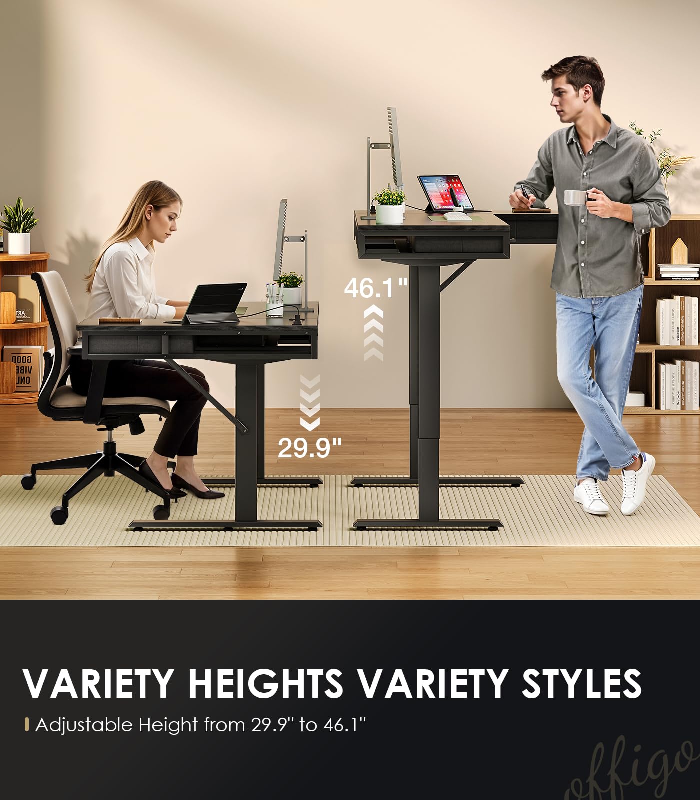 OffiGo Electric L Shaped Standing Desk with 4 Drawers, Height Adjustable Large Desk with Power Outlets, Sit Stand Table, Writing Computer Desk for Home, Office, Workstation