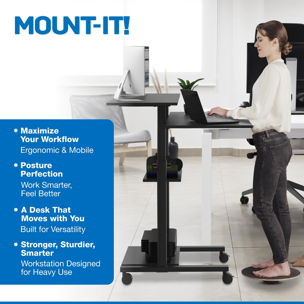 Mount-It! Wide Mobile Stand Up Desk | Height Adjustable Rolling Workstation with 40" Wide Table Tops | Multi-Purpose Rolling Presentation Cart with Four Platforms