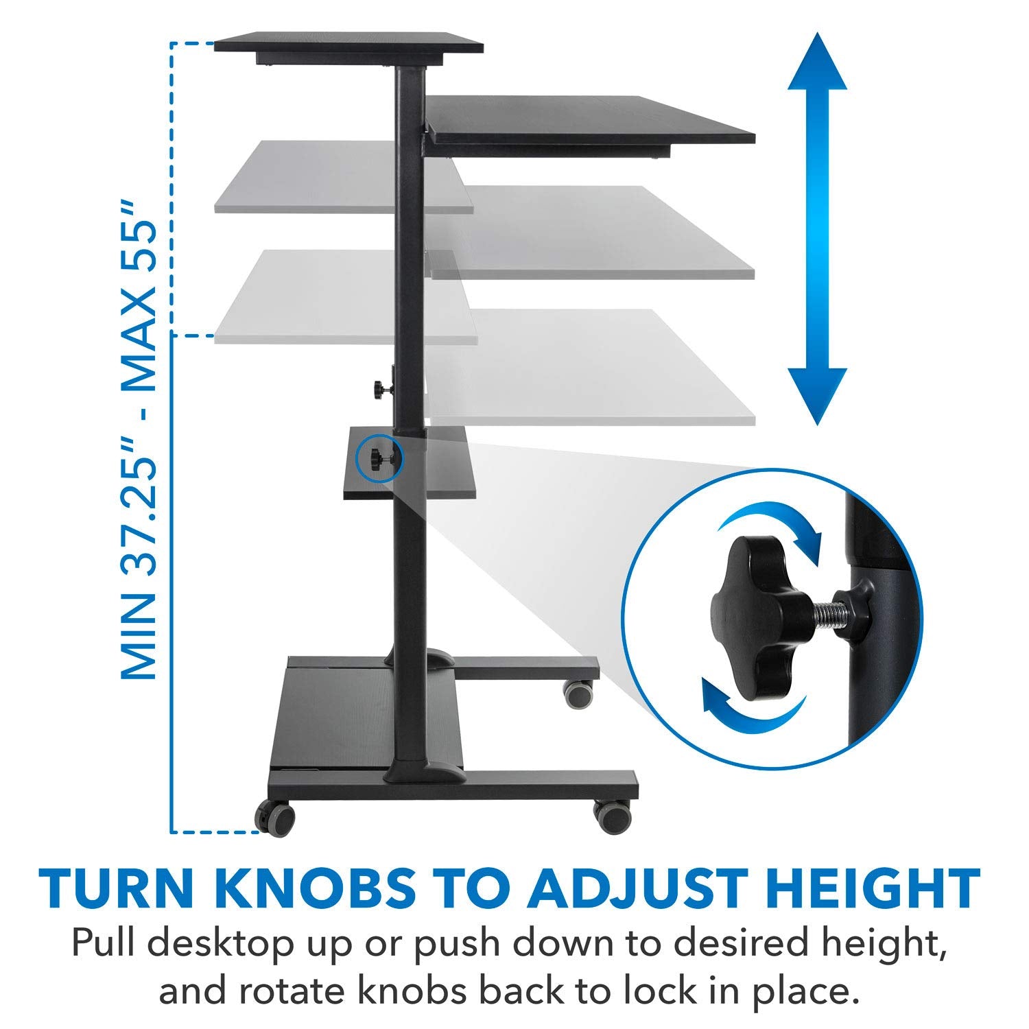 Mount-It! Wide Mobile Stand Up Desk | Height Adjustable Rolling Workstation with 40" Wide Table Tops | Multi-Purpose Rolling Presentation Cart with Four Platforms