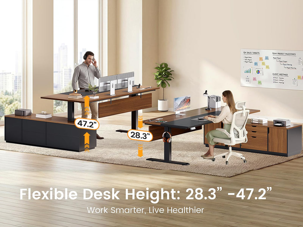 SEDETA L Shaped Electric Standing Desk, Height Adjustable Desk with 3 Drawers and Cabinet, Sit Stand Up Home Office Desk with Power Outlets & Side Hook