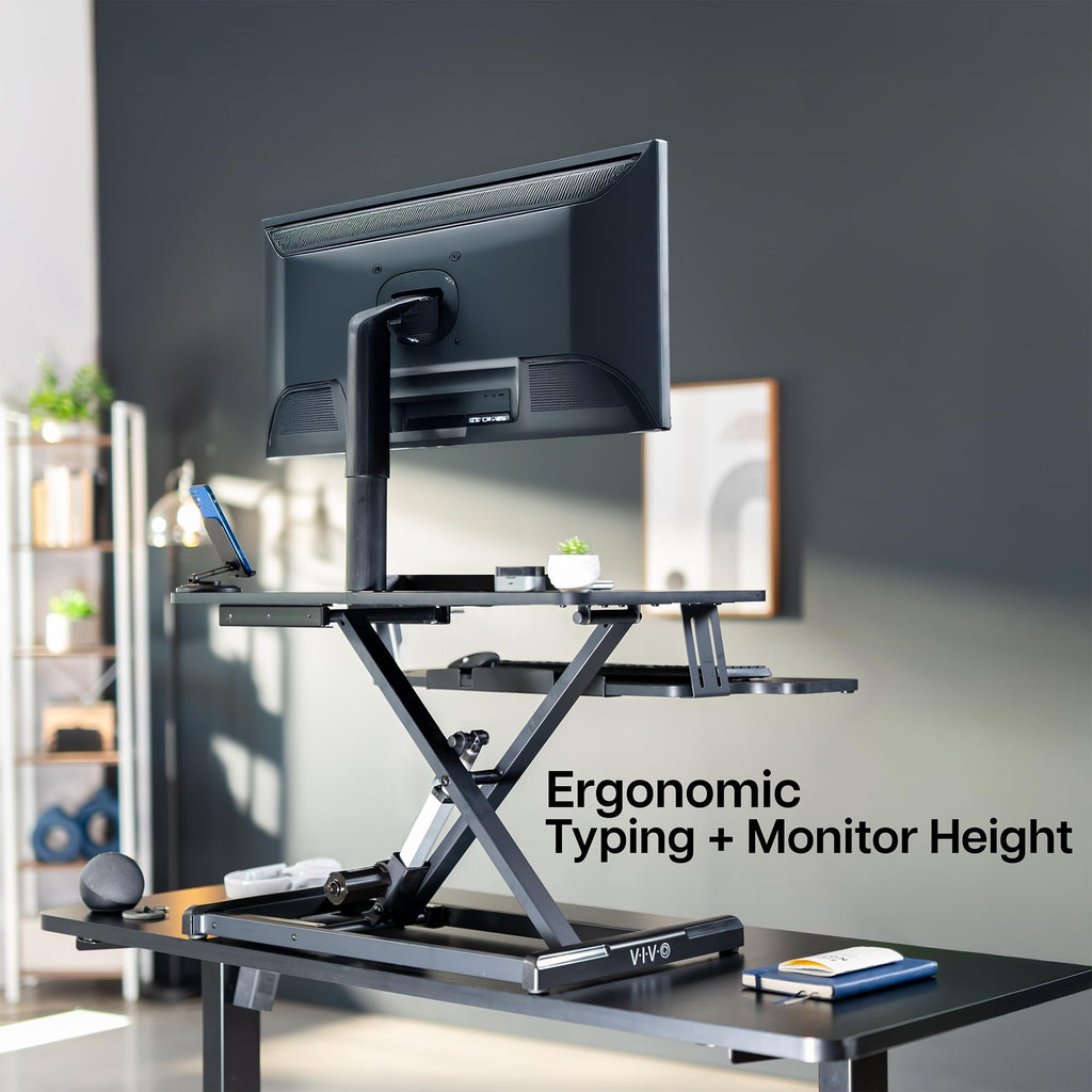 VIVO Electric Motor Desk Converter, Height Adjustable Riser, Sit to Stand Dual Monitor and Laptop Workstation with Wide Keyboard Tray