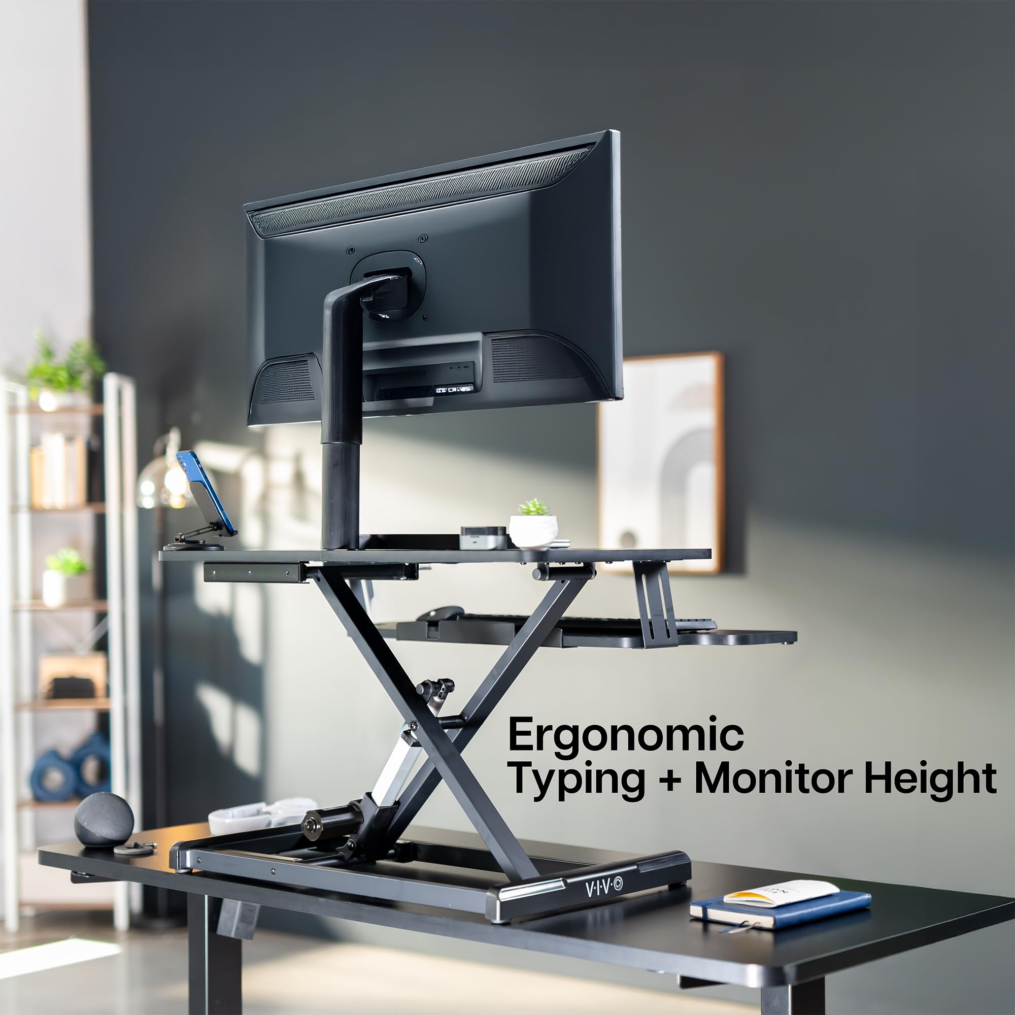 VIVO Electric Motor Desk Converter, Height Adjustable Riser, Sit to Stand Dual Monitor and Laptop Workstation with Wide Keyboard Tray