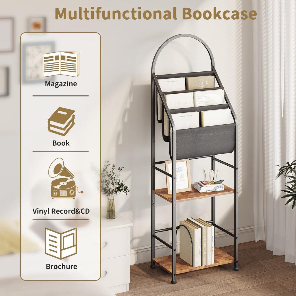 Leadpro Bookshelf with 3 Tier Vinyl Holder Display Shelf, Record Storage Organizer Rack Cabinet for Book Magazine, Tall Industrial Open Book Shelves with Metal Frame for Living Room