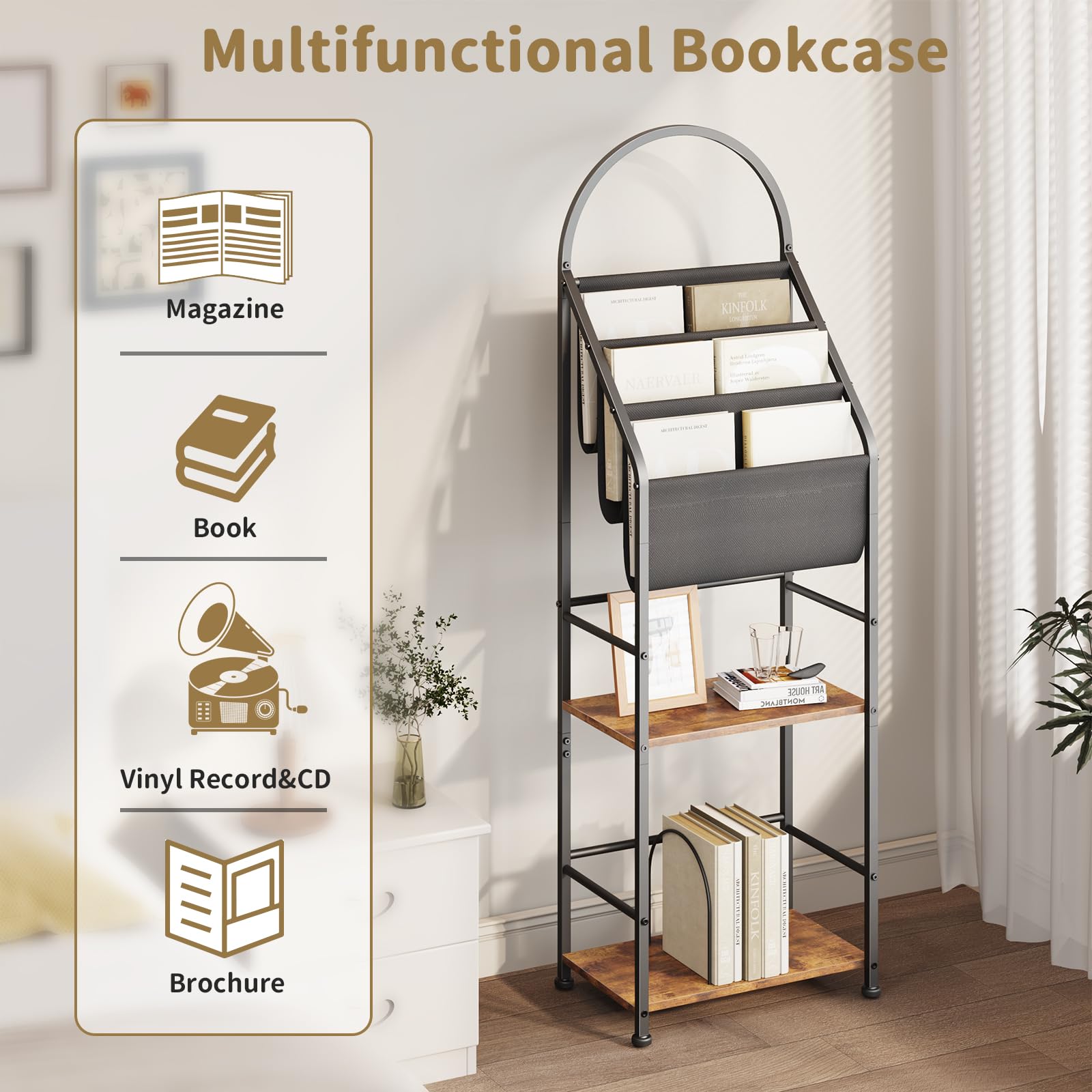 Leadpro Bookshelf with 3 Tier Vinyl Holder Display Shelf, Record Storage Organizer Rack Cabinet for Book Magazine, Tall Industrial Open Book Shelves with Metal Frame for Living Room