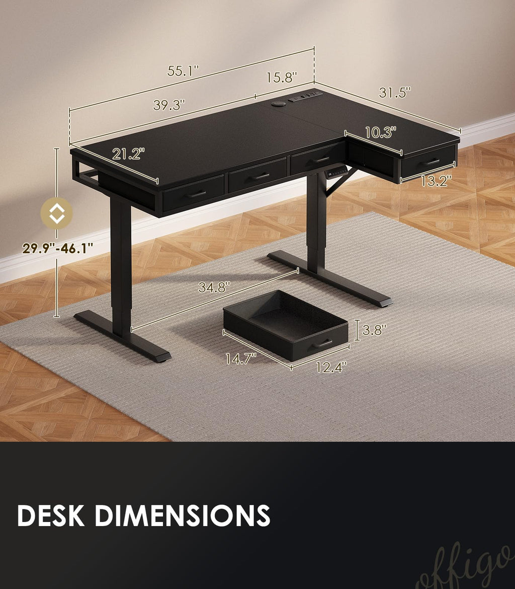 OffiGo Electric L Shaped Standing Desk with 4 Drawers, Height Adjustable Large Desk with Power Outlets, Sit Stand Table, Writing Computer Desk for Home, Office, Workstation