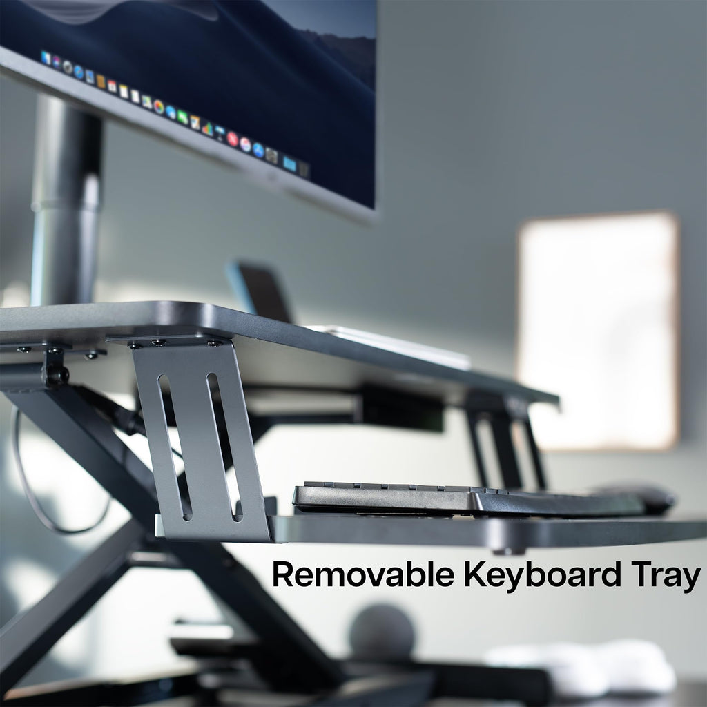 VIVO Electric Motor Desk Converter, Height Adjustable Riser, Sit to Stand Dual Monitor and Laptop Workstation with Wide Keyboard Tray