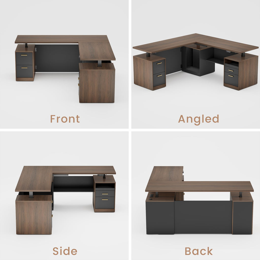 ModernMate 71" L-Shaped Electric Standing Desk with Storage, One-Piece Height Adjustable Executive Stand Up Desk, AC/USB & Privacy Panel, Home Office Workstation with Storage