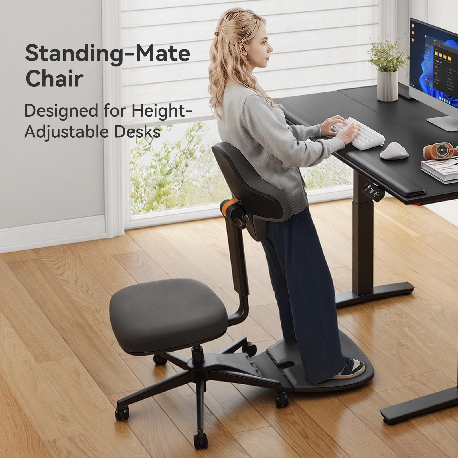 Newtral Standing Desk Chair, 6-in-1 Ergonomic Standing Mate Chair, Adjustable Sit Stand Lean Perch Saddle Stool with Flip Backrest, Dynamic Posture Support & Built-in Anti-Fatigue Design, MT-M-DG