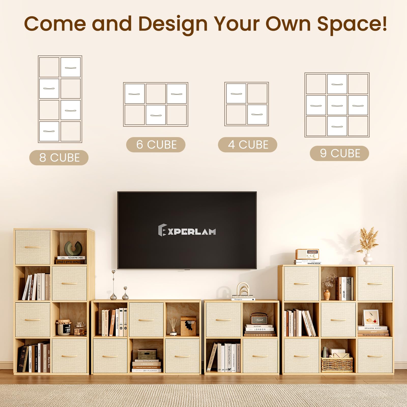 EXPERLAM Cube Storage Organizer - Solid Wood Bookshelf with Storage Bins, Cube Shelf with Removable Back Panels, Vertical or Horizontal Bookcase, Open Book Shelf for Bedroom, Living Room, Office