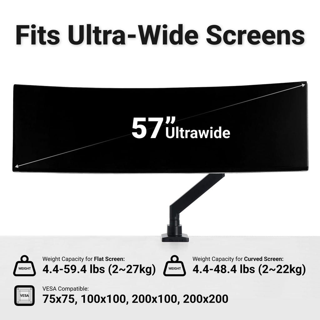 Hexcal Heavy Duty Monitor Arm for 57" Ultrawide Screens, Support up to 59.4 lbs, Full Motion Desk Mount with Quick Release VESA (75/100/200mm), C-Clamp & Grommet Base, Space-Saving Design