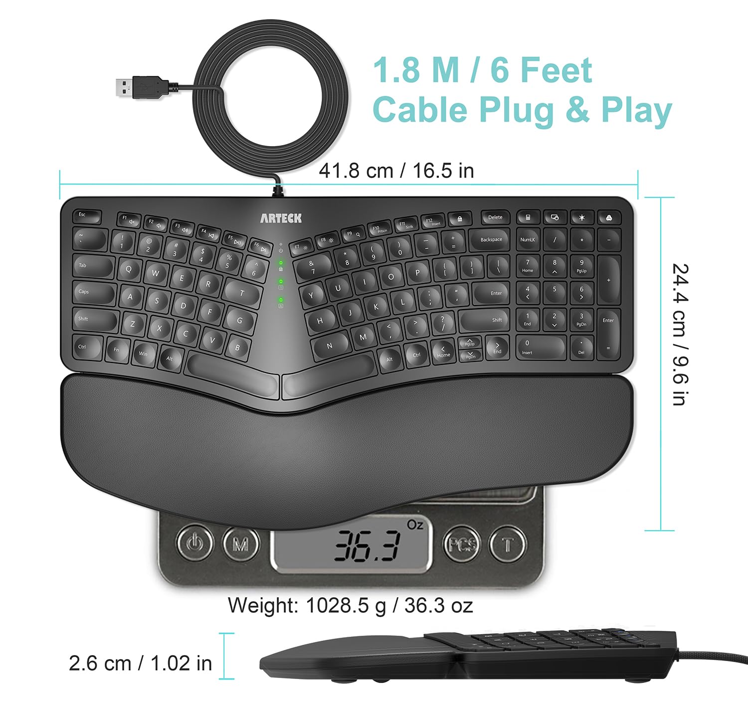 Arteck Split Ergonomic Keyboard with Palm Rest, USB Wired Backlit Keyboard