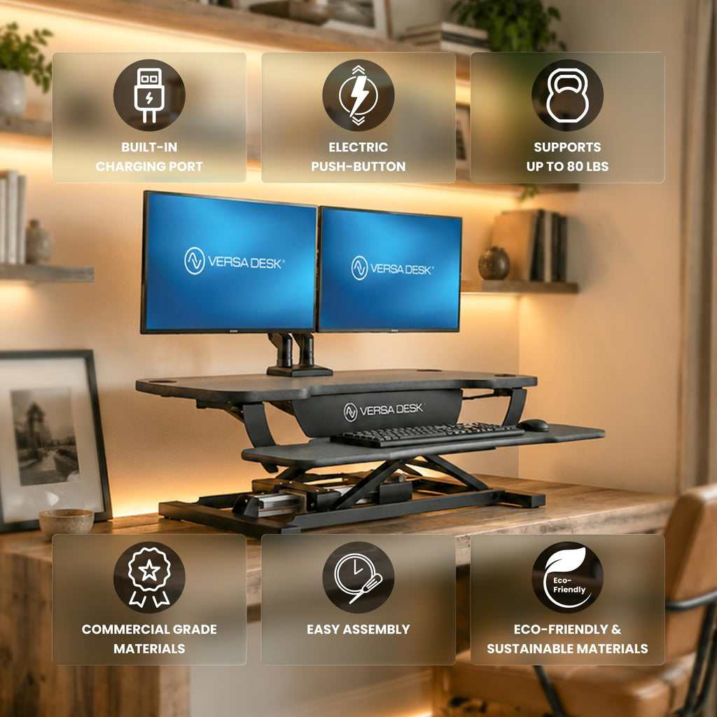 VERSADESK Electric Standing Desk Converter, PowerPro Height Adjustable, Sit to Stand Riser With Keyboard Tray, Push-Button Control Switch With USB Charging Port