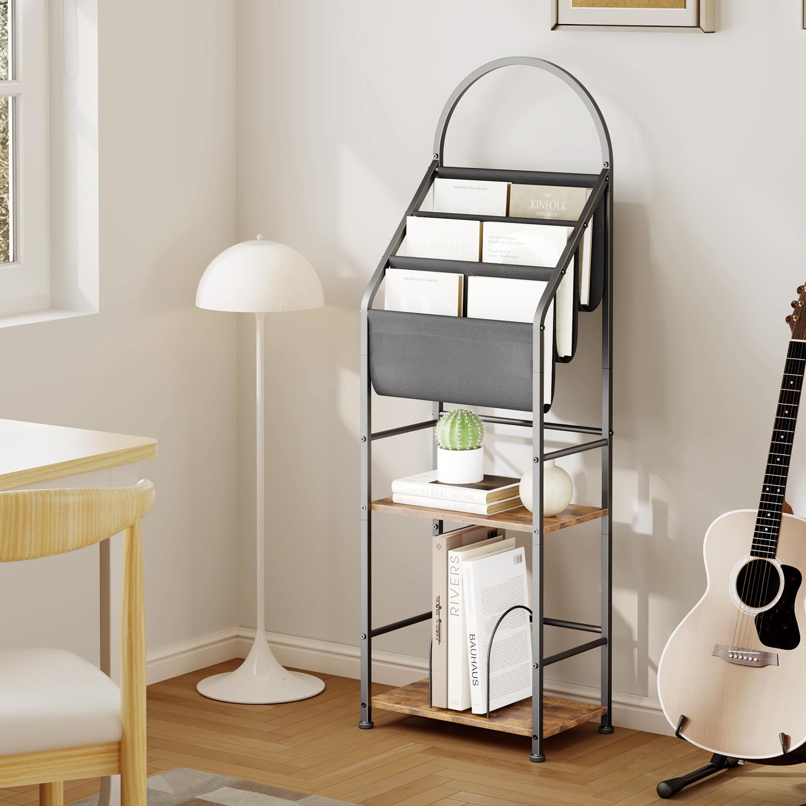 Leadpro Bookshelf with 3 Tier Vinyl Holder Display Shelf, Record Storage Organizer Rack Cabinet for Book Magazine, Tall Industrial Open Book Shelves with Metal Frame for Living Room