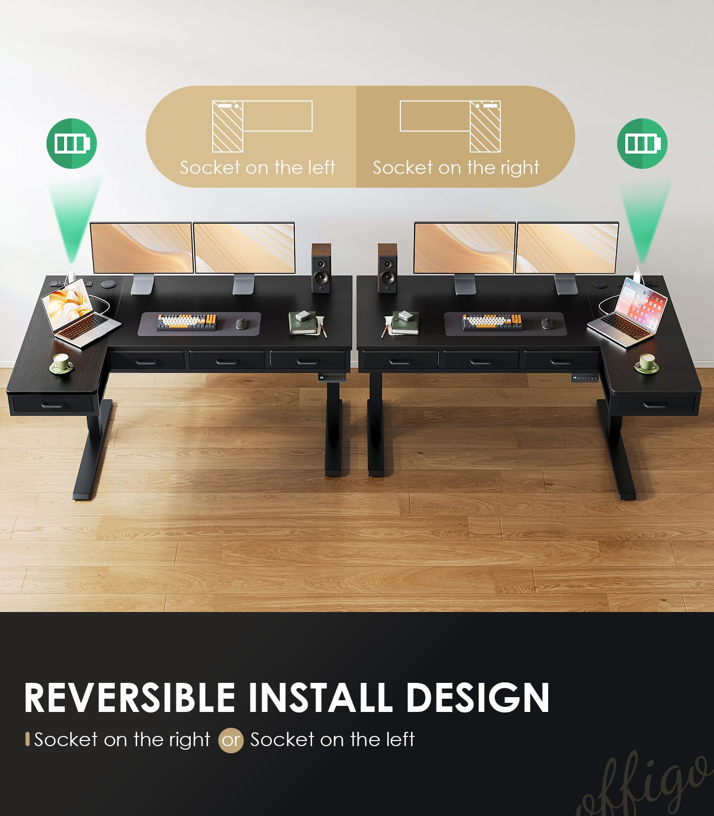 OffiGo Electric L Shaped Standing Desk with 4 Drawers, Height Adjustable Large Desk with Power Outlets, Sit Stand Table, Writing Computer Desk for Home, Office, Workstation