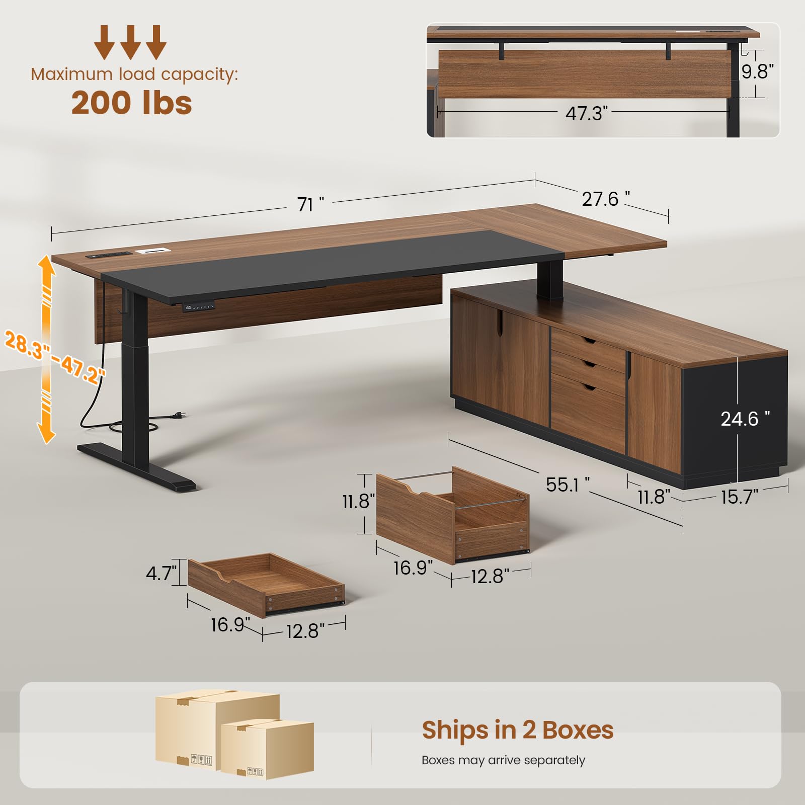 SEDETA L Shaped Electric Standing Desk, Height Adjustable Desk with 3 Drawers and Cabinet, Sit Stand Up Home Office Desk with Power Outlets & Side Hook