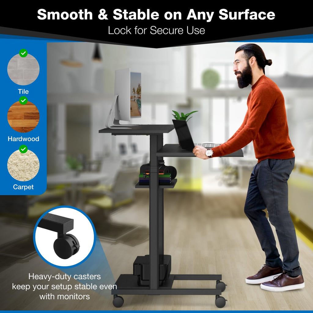 Mount-It! Wide Mobile Stand Up Desk | Height Adjustable Rolling Workstation with 40" Wide Table Tops | Multi-Purpose Rolling Presentation Cart with Four Platforms