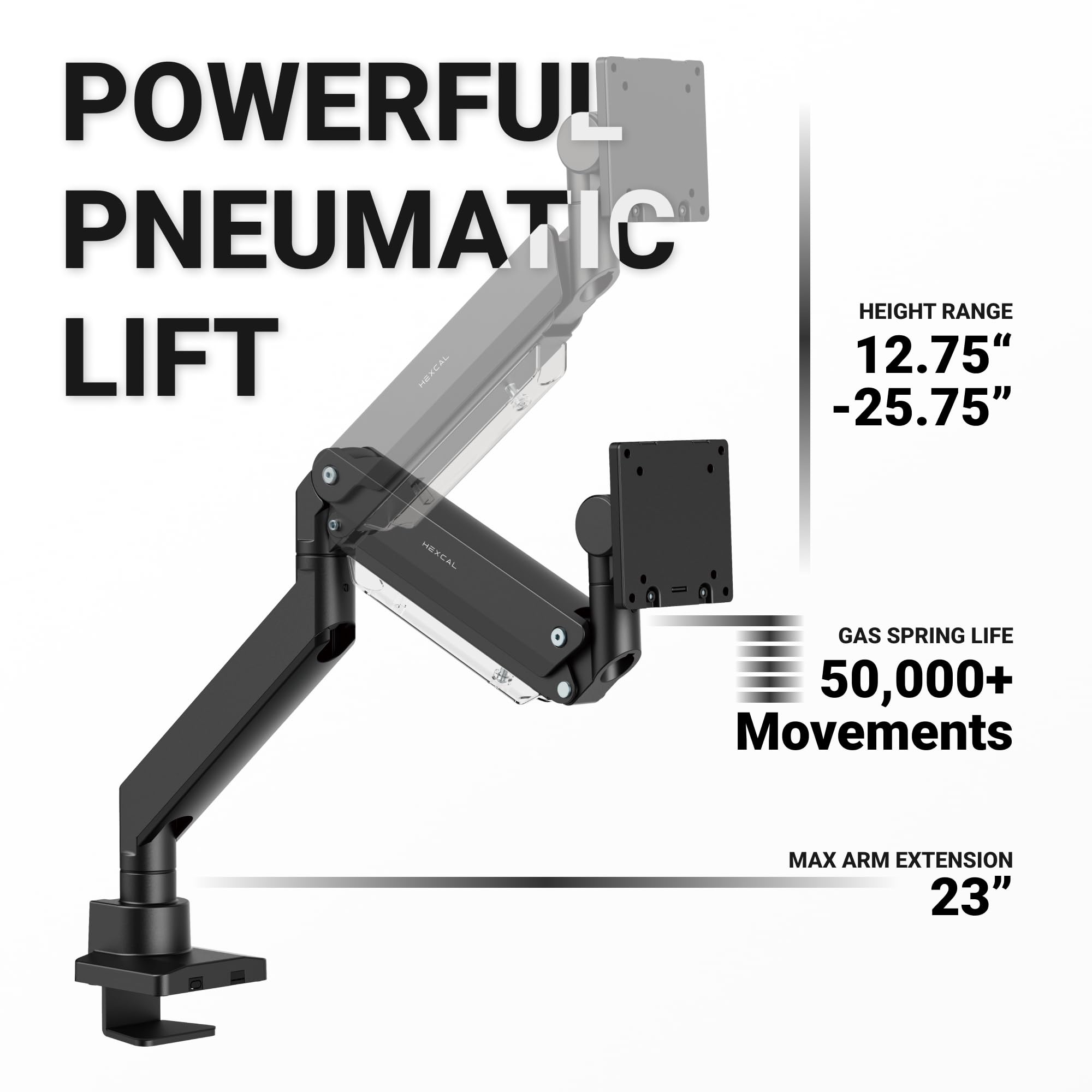 Hexcal Heavy Duty Monitor Arm for 57" Ultrawide Screens, Support up to 59.4 lbs, Full Motion Desk Mount with Quick Release VESA (75/100/200mm), C-Clamp & Grommet Base, Space-Saving Design