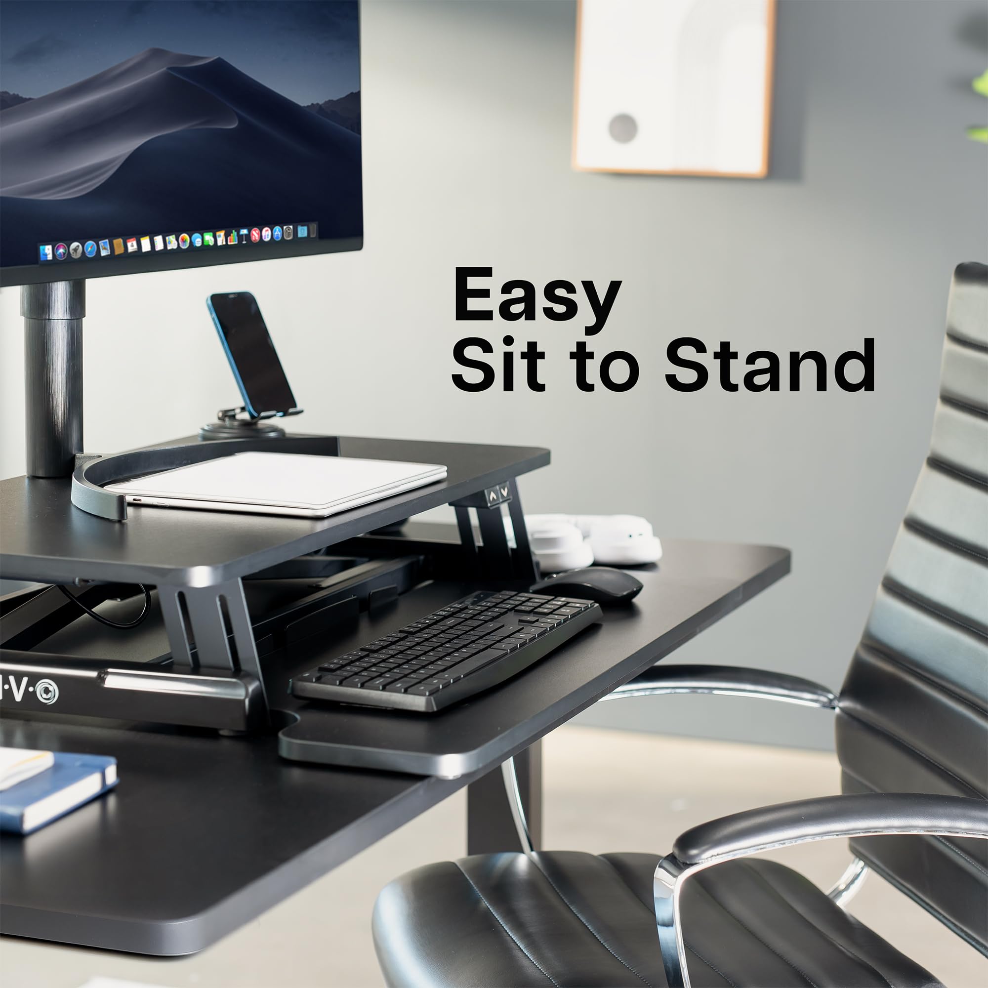 VIVO Electric Motor Desk Converter, Height Adjustable Riser, Sit to Stand Dual Monitor and Laptop Workstation with Wide Keyboard Tray
