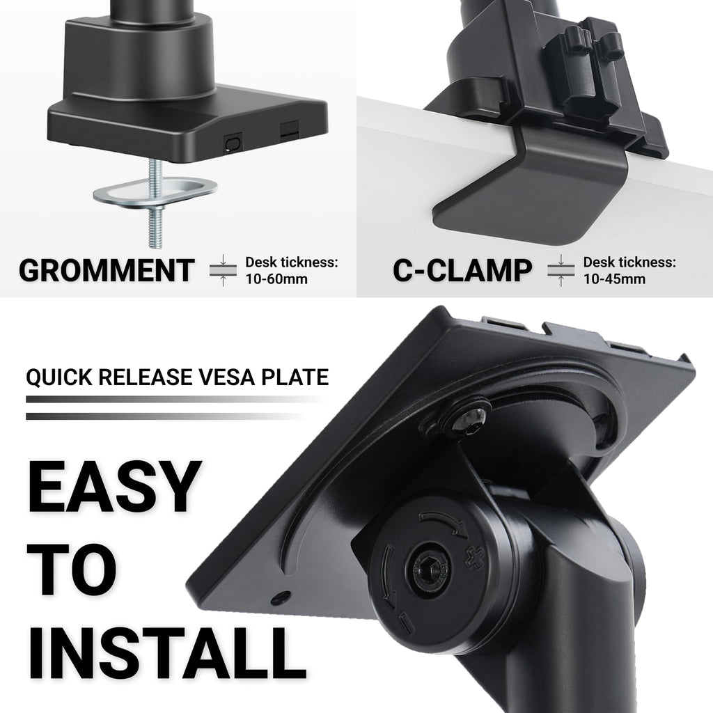 Hexcal Heavy Duty Monitor Arm for 57" Ultrawide Screens, Support up to 59.4 lbs, Full Motion Desk Mount with Quick Release VESA (75/100/200mm), C-Clamp & Grommet Base, Space-Saving Design