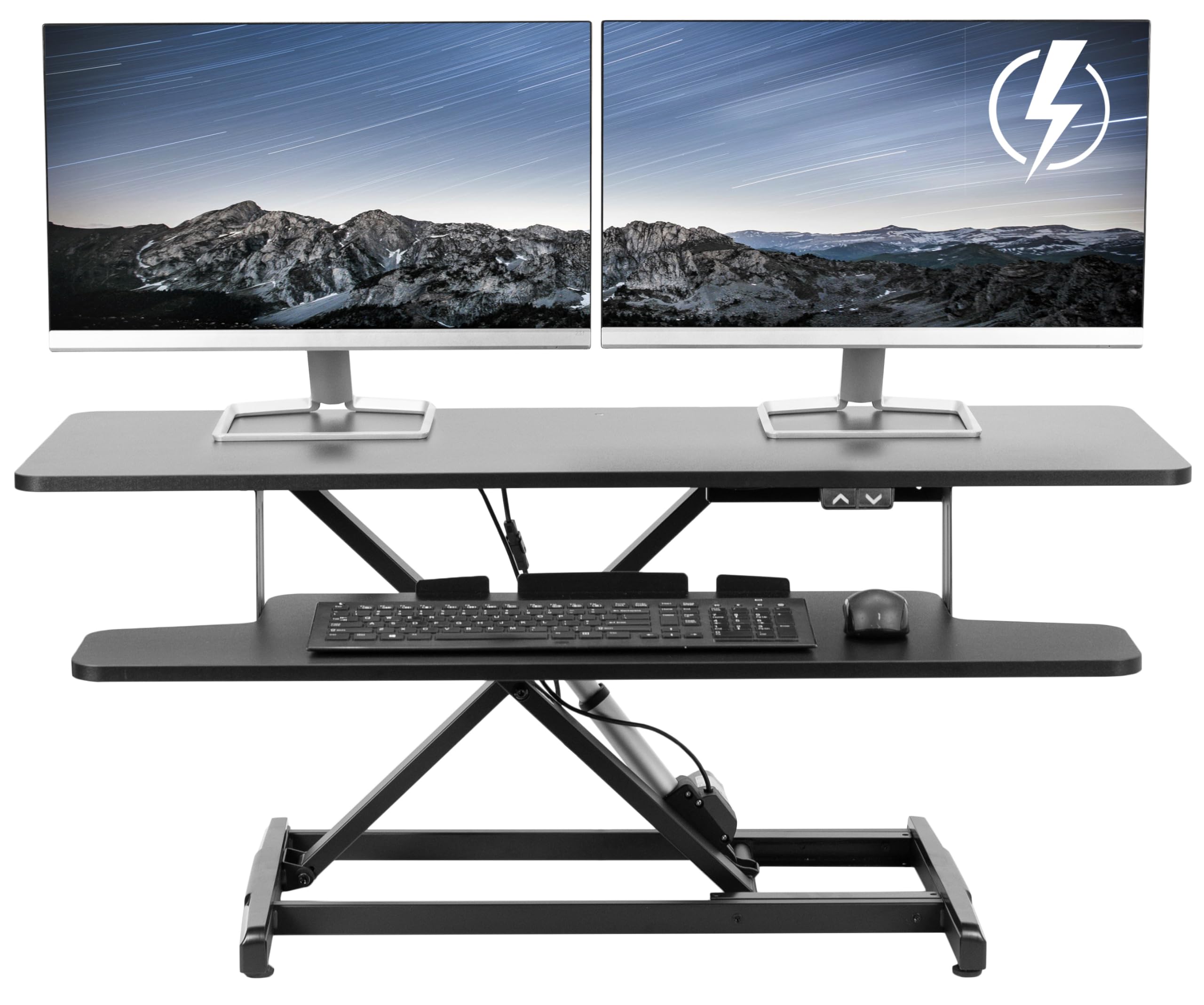 VIVO Electric Motor Desk Converter, Height Adjustable Riser, Sit to Stand Dual Monitor and Laptop Workstation with Wide Keyboard Tray