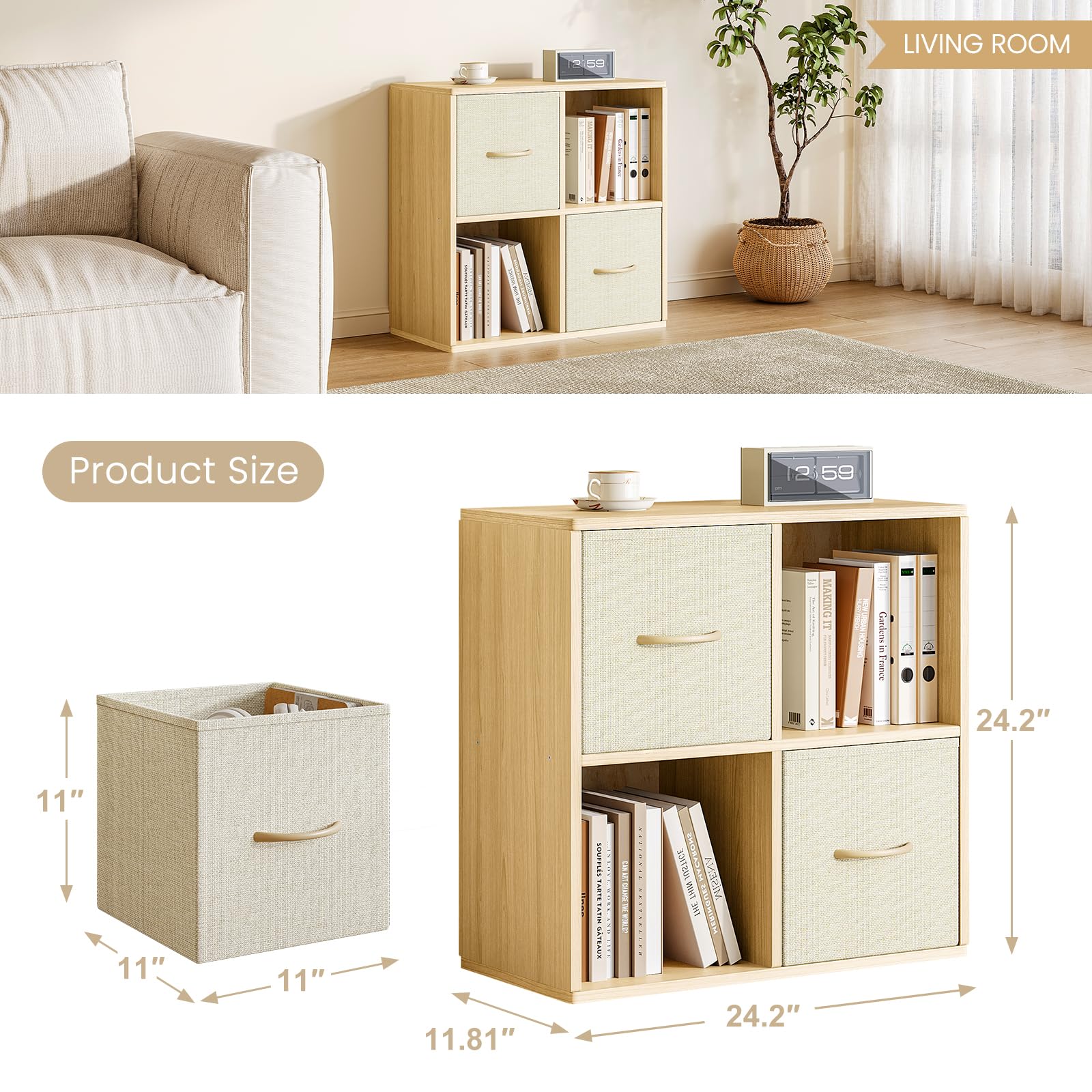 EXPERLAM Cube Storage Organizer - Solid Wood Bookshelf with Storage Bins, Cube Shelf with Removable Back Panels, Vertical or Horizontal Bookcase, Open Book Shelf for Bedroom, Living Room, Office
