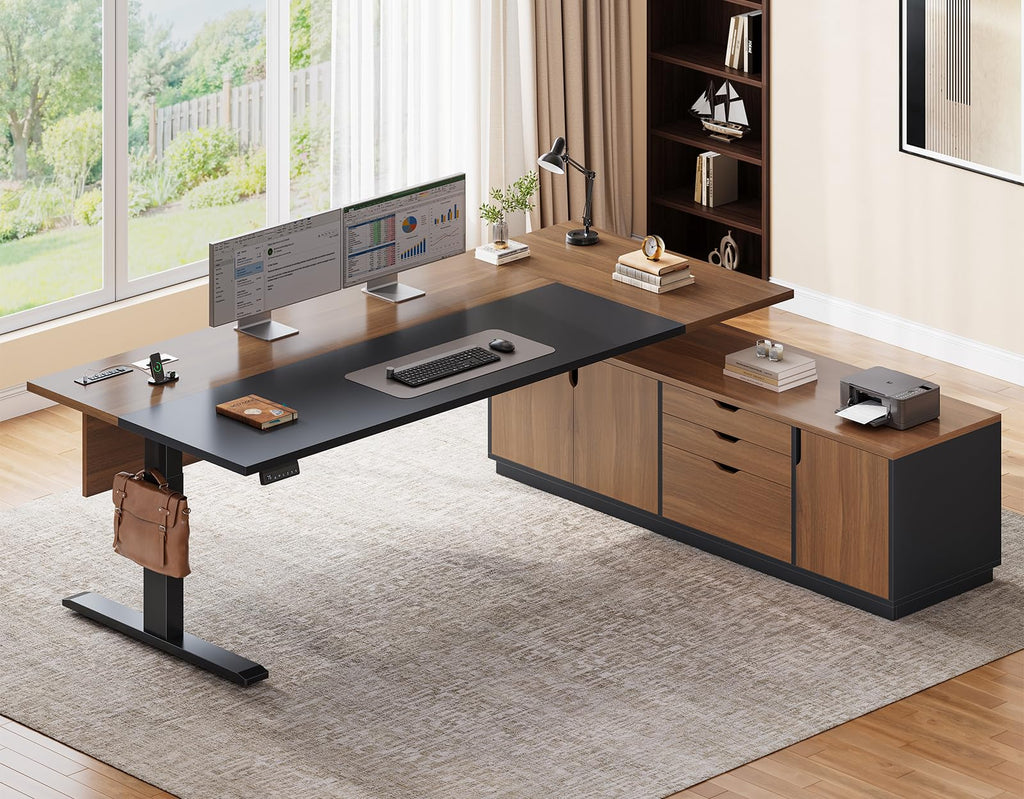 SEDETA L Shaped Electric Standing Desk, Height Adjustable Desk with 3 Drawers and Cabinet, Sit Stand Up Home Office Desk with Power Outlets & Side Hook
